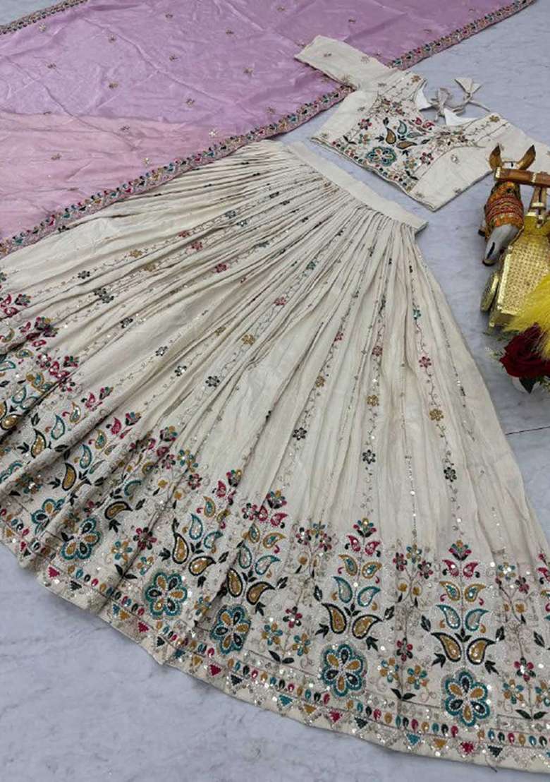 Pink Motif Silk Blend Lehenga Set for Diwali and Festive Wear - Indya