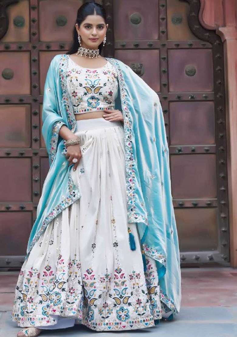 Sky Blue Motif Silk Blend Lehenga Set for Diwali and Festive Wear - Indya