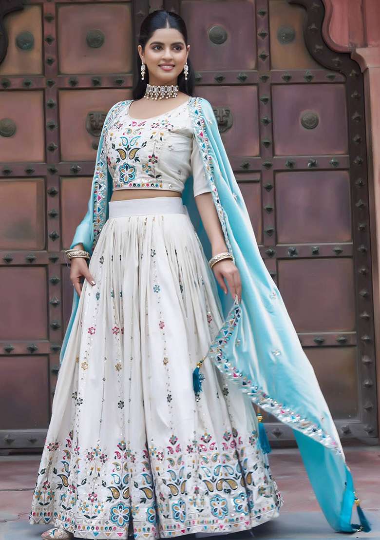Sky Blue Motif Silk Blend Lehenga Set for Diwali and Festive Wear - Indya