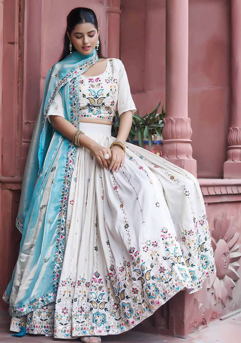 Sky Blue Motif Silk Blend Lehenga Set for Diwali and Festive Wear - Indya