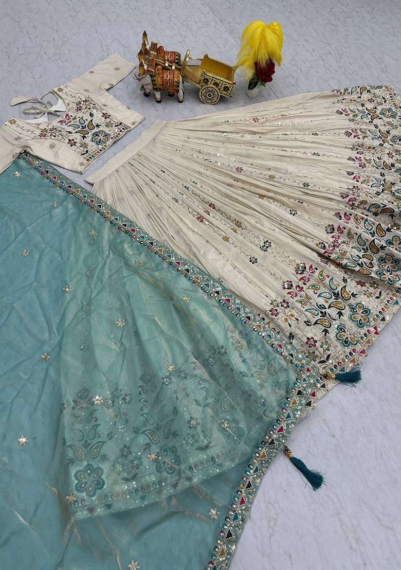 Sky Blue Motif Silk Blend Lehenga Set for Diwali and Festive Wear - Indya