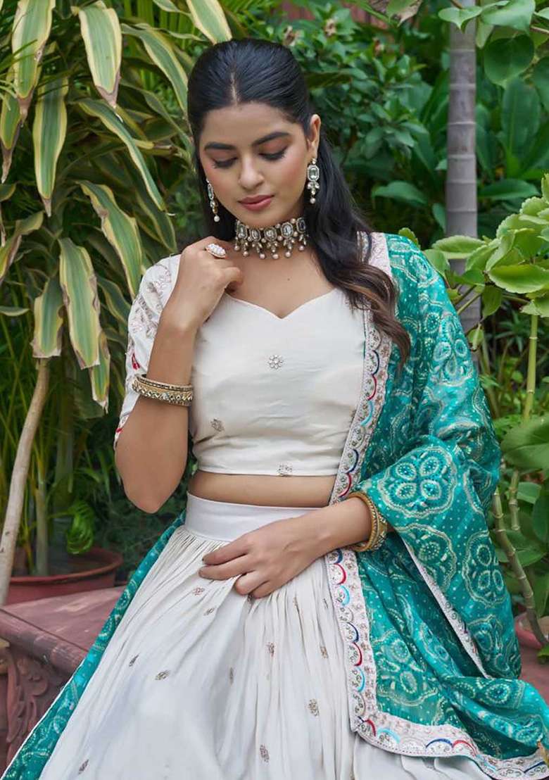 Off White Motif Georgette Lehenga Set for Diwali | Wedding & Festive Wear - Indya