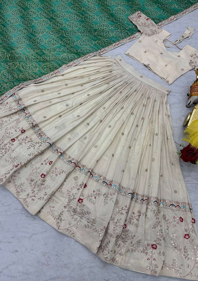 Off White Motif Georgette Lehenga Set for Diwali | Wedding & Festive Wear - Indya