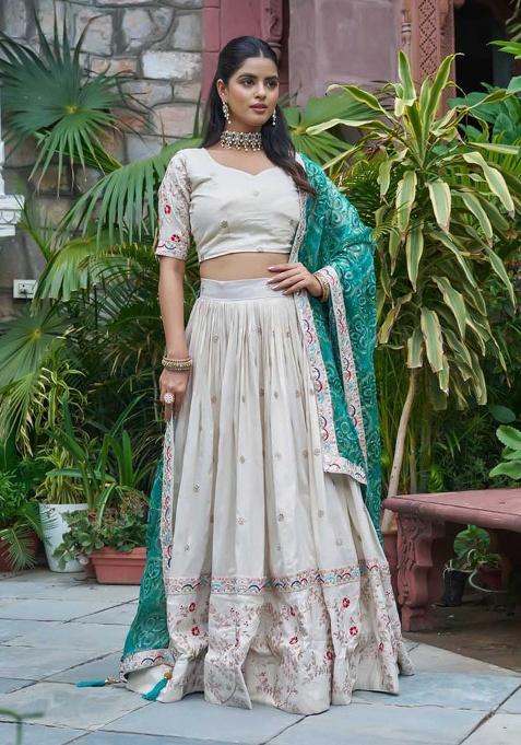 Off White Motif Georgette Lehenga Set