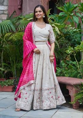 Off White Motif Georgette Lehenga Set