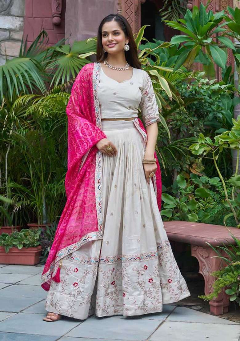 Off White Motif Georgette Lehenga Set for Diwali and Festive Wear - Indya