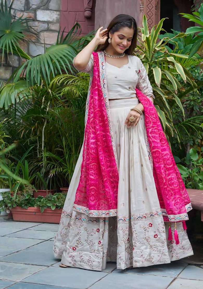Off White Motif Georgette Lehenga Set for Diwali and Festive Wear - Indya