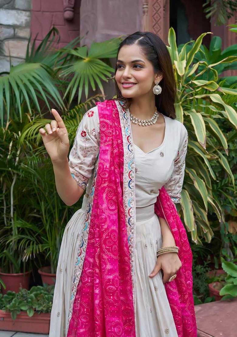 Off White Motif Georgette Lehenga Set for Diwali and Festive Wear - Indya