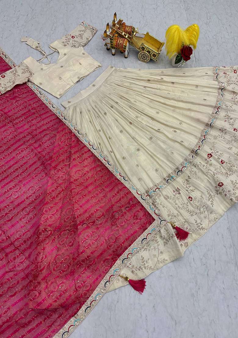 Off White Motif Georgette Lehenga Set for Diwali and Festive Wear - Indya