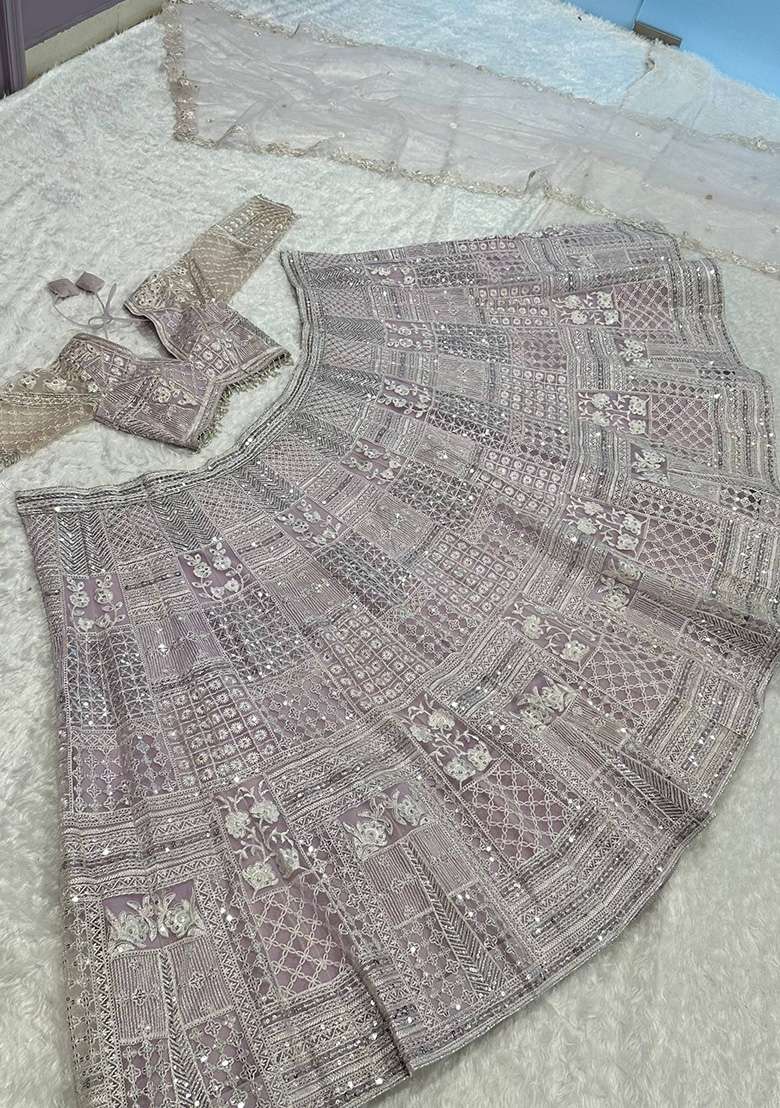 Purple Sequin Work Net Lehenga Set for Diwali and Festive Wear - Indya