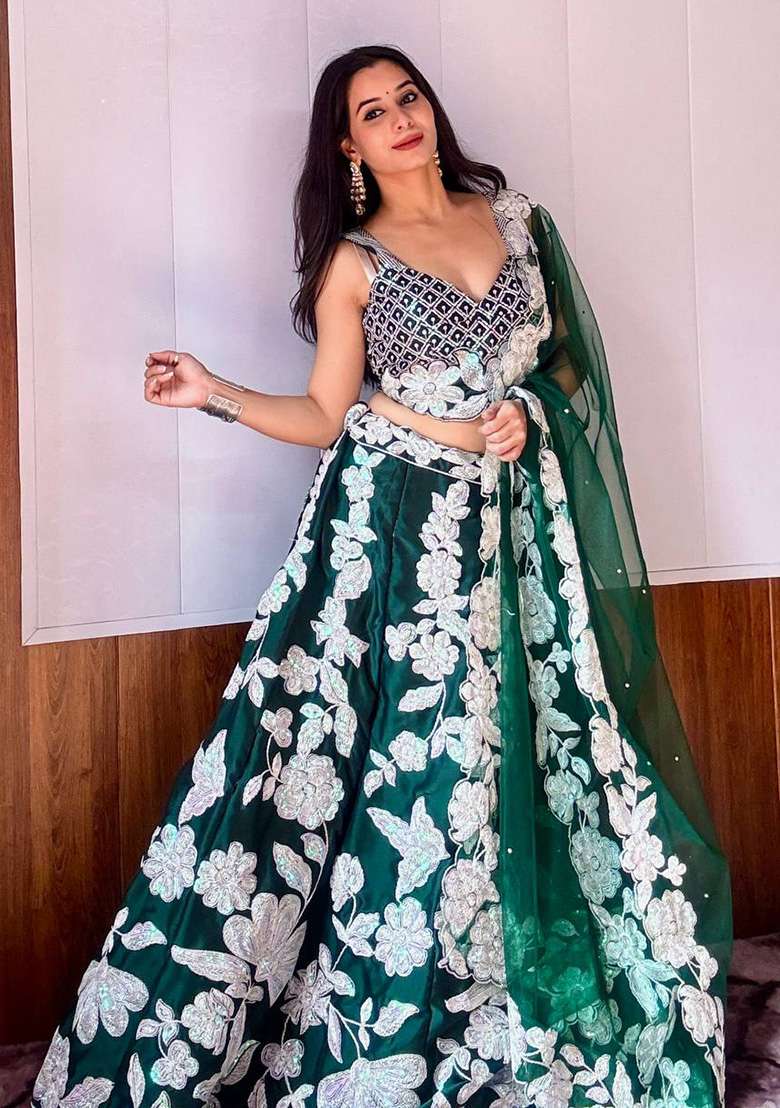 Green Work Georgette Lehenga Set with Sequin for Diwali | Wedding & Festive Wear - Indya
