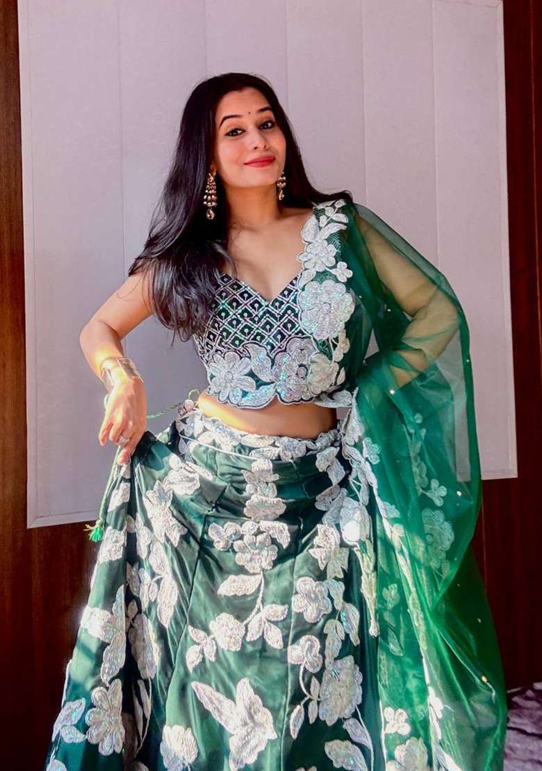 Green Work Georgette Lehenga Set with Sequin for Diwali | Wedding & Festive Wear - Indya