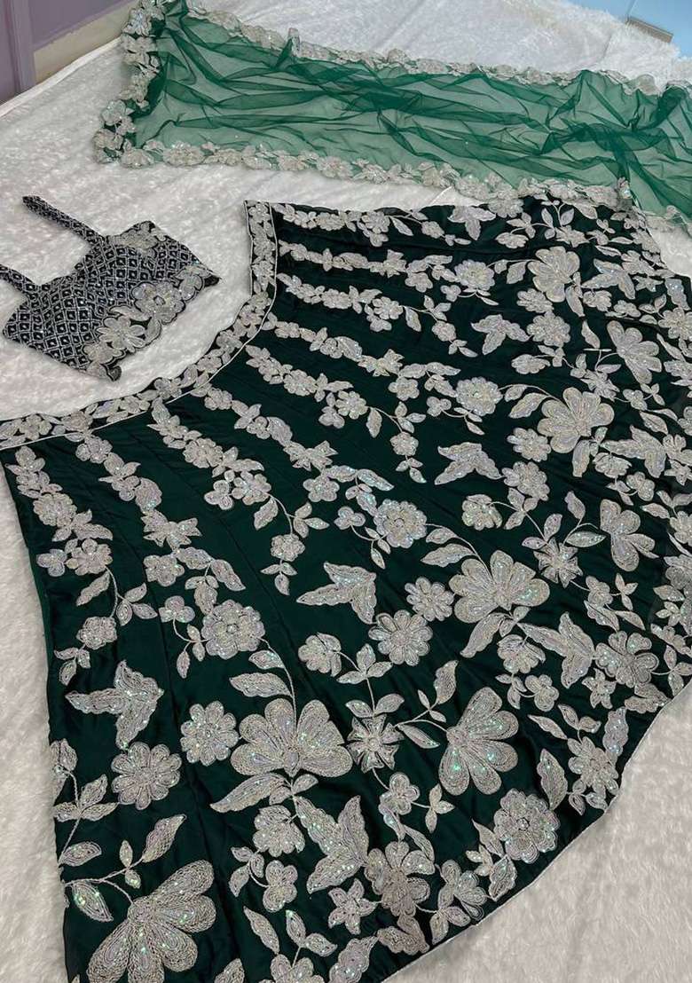 Green Work Georgette Lehenga Set with Sequin for Diwali | Wedding & Festive Wear - Indya