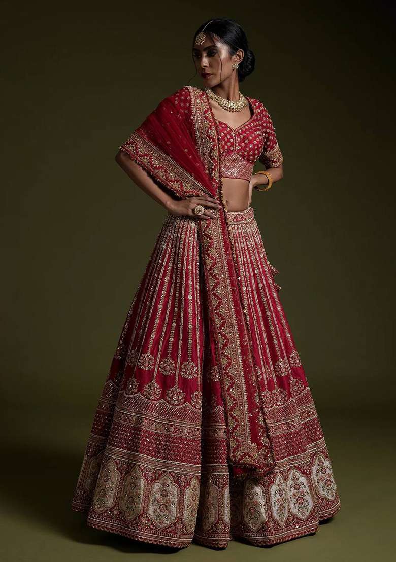 Red Work Silk Blend Lehenga Set with Sequin for Diwali | Wedding & Festive Wear - Indya