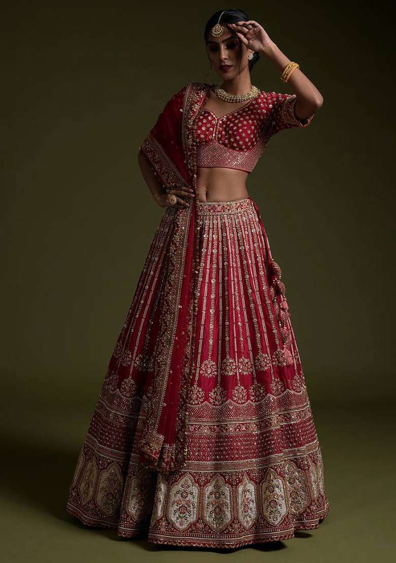 Red Work Silk Blend Lehenga Set with Sequin for Diwali | Wedding & Festive Wear - Indya