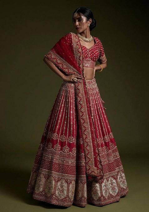 Red Sequin Work Silk Lehenga Set