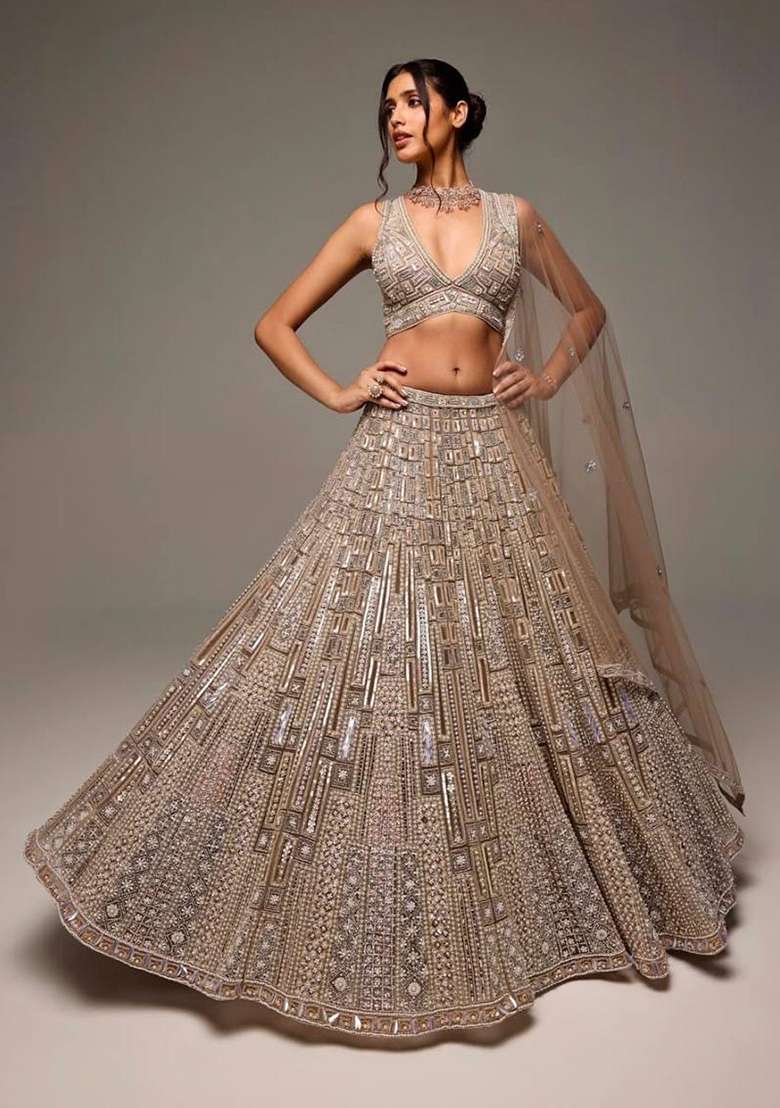 Brown Sequin Work Net Lehenga Set for Diwali and Festive Wear - Indya