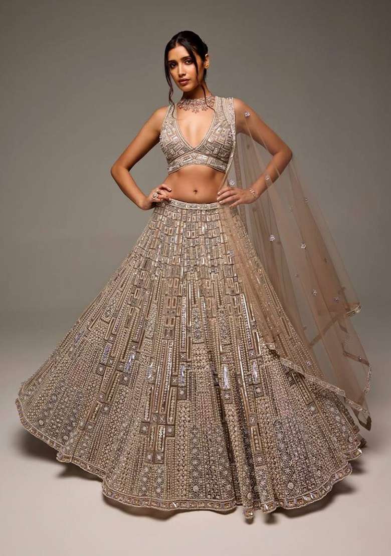 Brown Sequin Work Net Lehenga Set for Diwali and Festive Wear - Indya