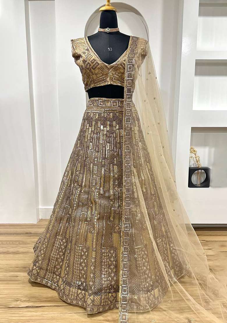 Brown Sequin Work Net Lehenga Set for Diwali and Festive Wear - Indya