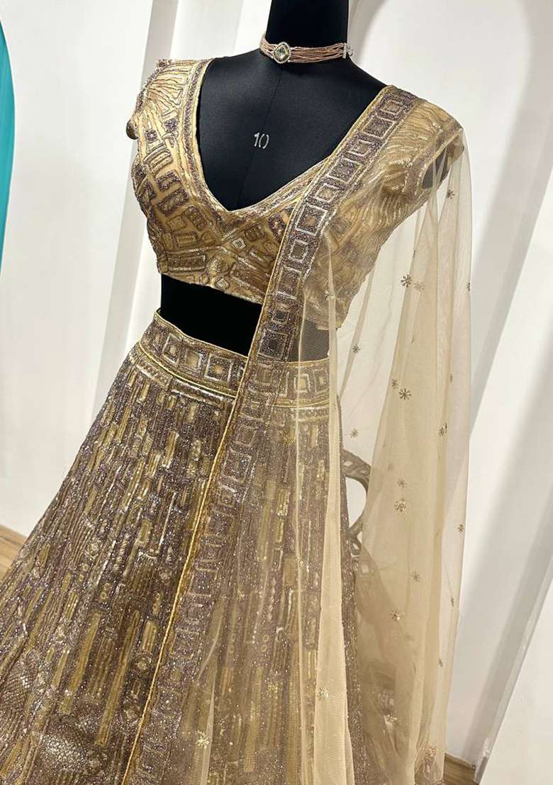Brown Sequin Work Net Lehenga Set for Diwali and Festive Wear - Indya
