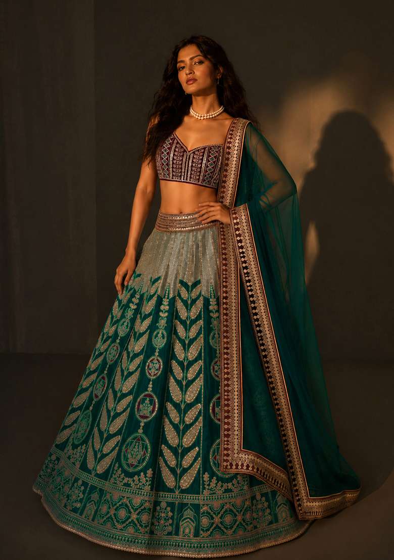 Rama Green Work Silk Blend Lehenga Set with Sequin for Diwali | Wedding & Festive Wear - Indya