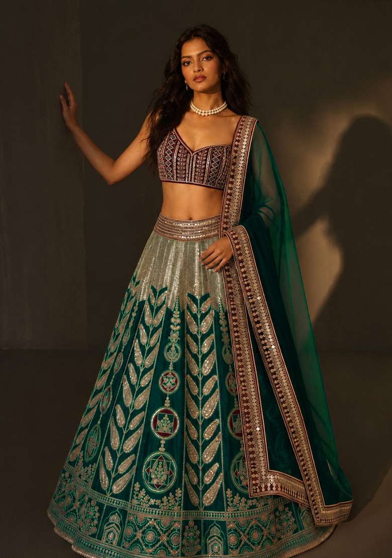 Rama Green Work Silk Blend Lehenga Set with Sequin for Diwali | Wedding & Festive Wear - Indya