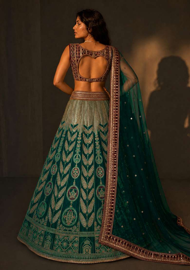 Rama Green Work Silk Blend Lehenga Set with Sequin for Diwali | Wedding & Festive Wear - Indya