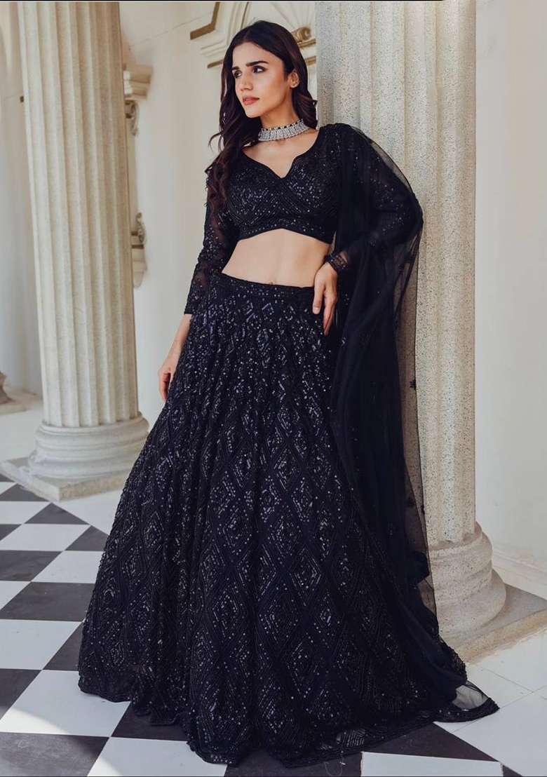 Black Sequin Work Georgette Lehenga Set for Diwali and Festive Wear - Indya
