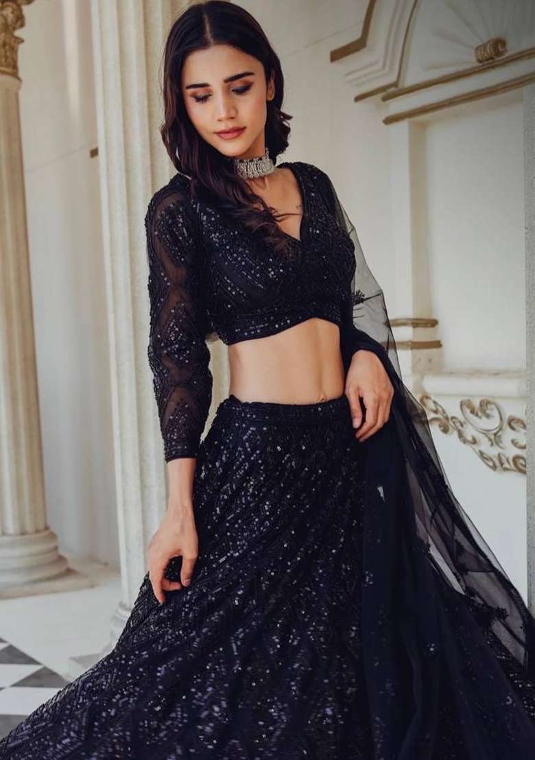 Black Sequin Work Georgette Lehenga Set for Diwali and Festive Wear - Indya