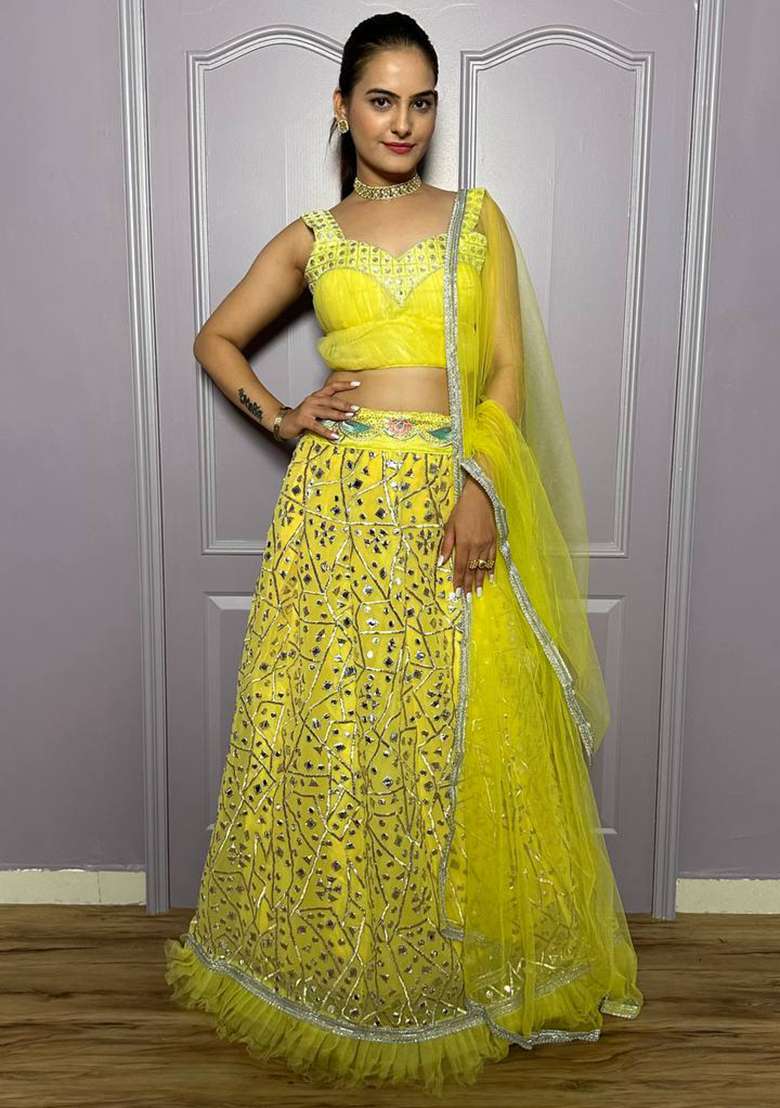 Yellow Zari Work Georgette Lehenga Set for Diwali and Festive Wear - Indya