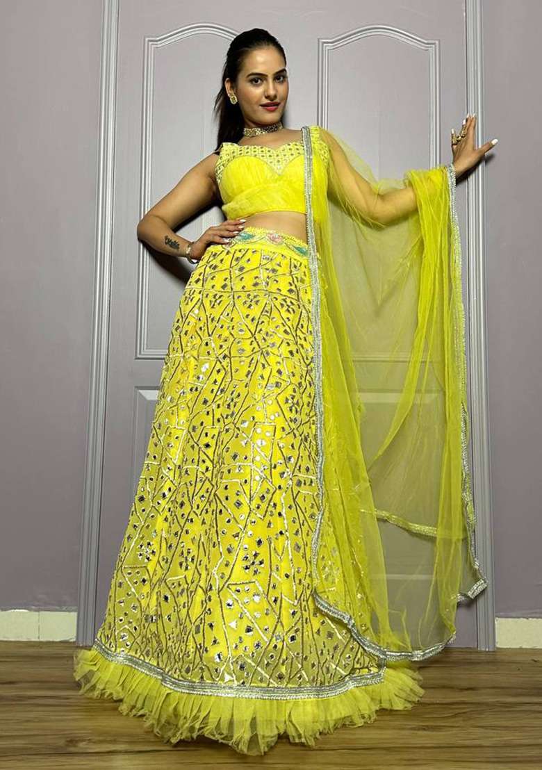 Yellow Zari Work Georgette Lehenga Set for Diwali and Festive Wear - Indya