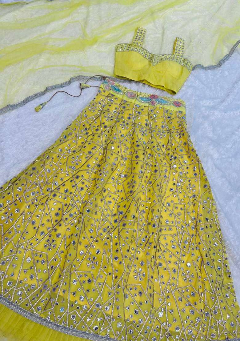Yellow Zari Work Georgette Lehenga Set for Diwali and Festive Wear - Indya