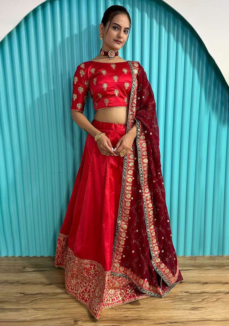 Red Work Georgette Lehenga Set with Sequin for Diwali | Wedding & Festive Wear - Indya