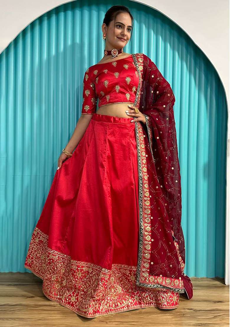 Red Work Georgette Lehenga Set with Sequin for Diwali | Wedding & Festive Wear - Indya