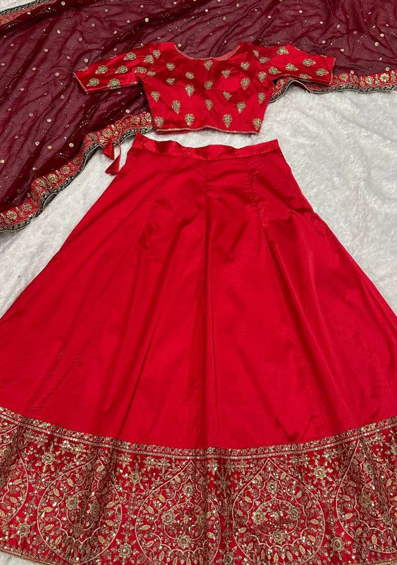 Red Work Georgette Lehenga Set with Sequin for Diwali | Wedding & Festive Wear - Indya