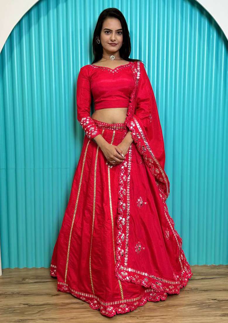 Red Foil Work Silk Blend Lehenga Set for Diwali and Festive Wear - Indya
