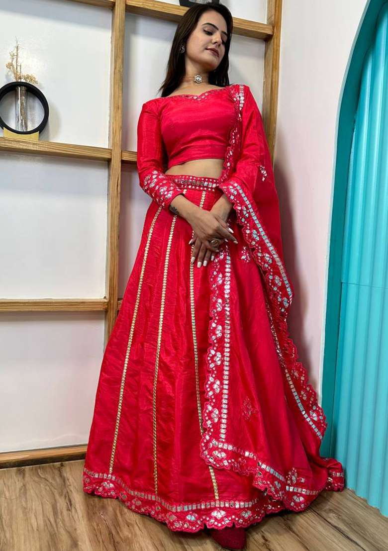 Red Foil Work Silk Blend Lehenga Set for Diwali and Festive Wear - Indya