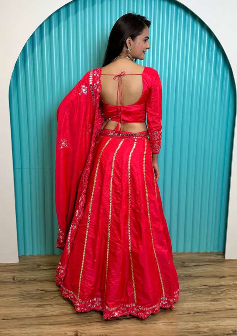 Red Foil Work Silk Blend Lehenga Set for Diwali and Festive Wear - Indya