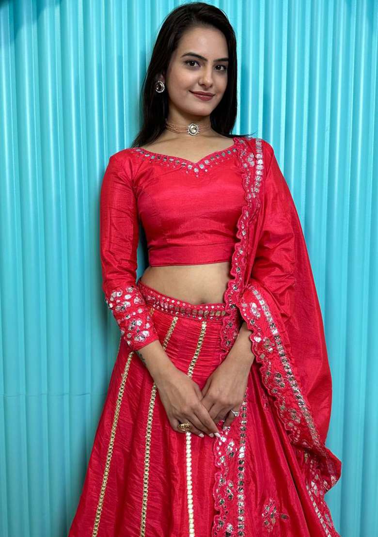 Red Foil Work Silk Blend Lehenga Set for Diwali and Festive Wear - Indya