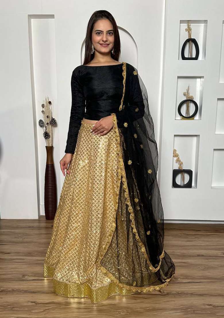 Golden Sequin Work Silk Blend Lehenga Set for Diwali and Festive Wear - Indya