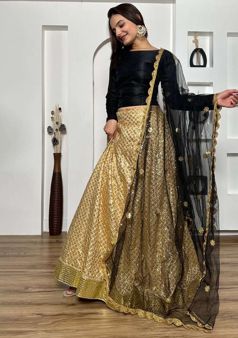 Golden Sequin Work Silk Blend Lehenga Set for Diwali and Festive Wear - Indya