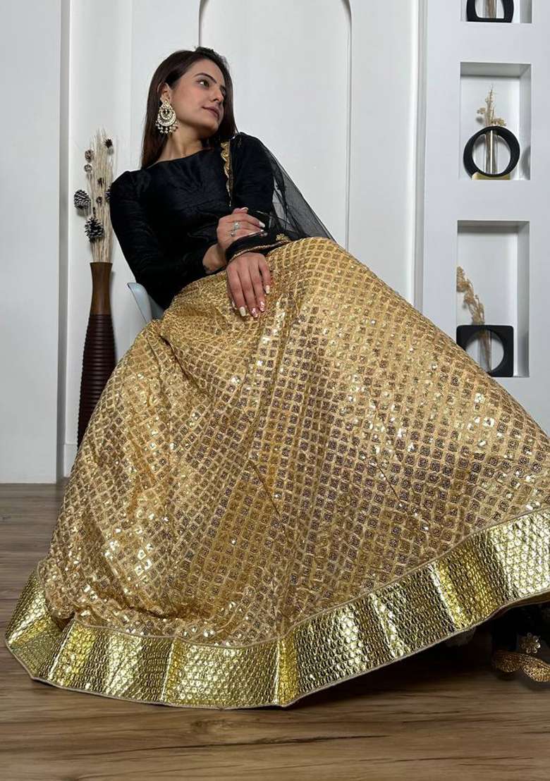 Golden Sequin Work Silk Blend Lehenga Set for Diwali and Festive Wear - Indya