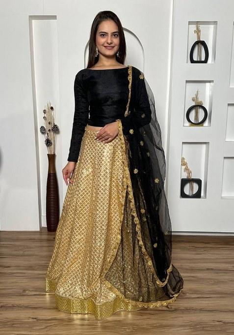 Golden Sequin Work Silk Lehenga Set