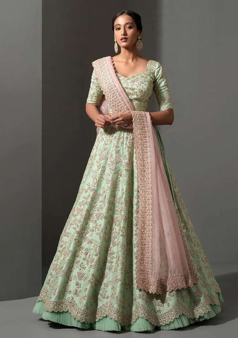 Pista Sequin Work Silk Blend Lehenga Set for Diwali and Festive Wear - Indya