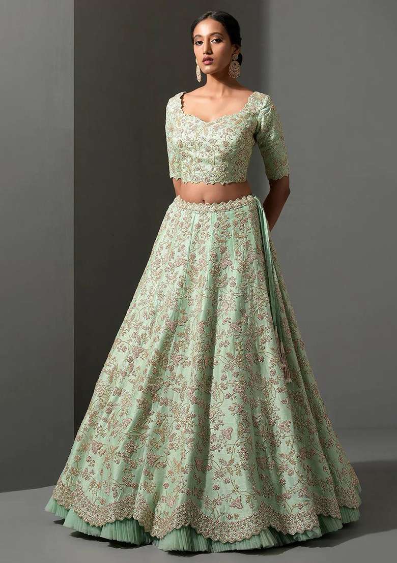 Pista Sequin Work Silk Blend Lehenga Set for Diwali and Festive Wear - Indya
