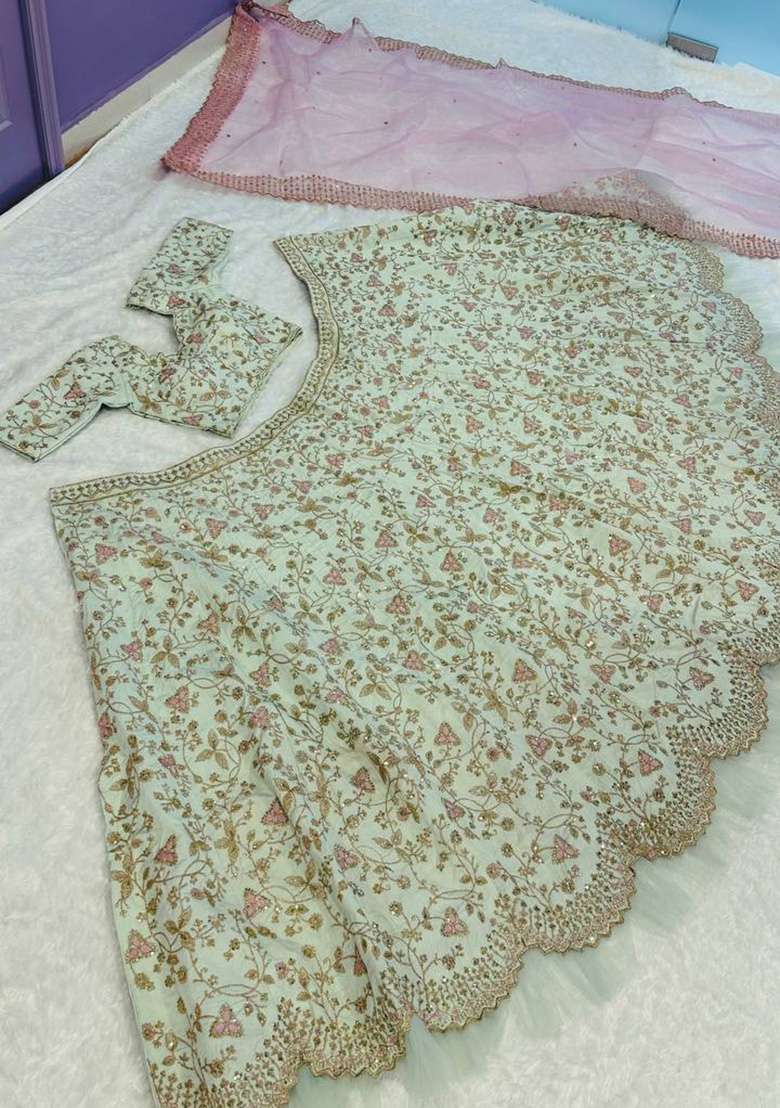 Pista Sequin Work Silk Blend Lehenga Set for Diwali and Festive Wear - Indya