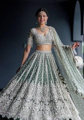 Rama Green Sequin Work Net Lehenga Set