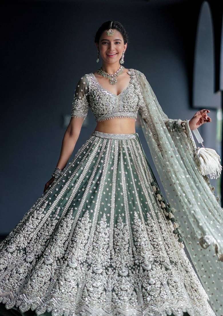 Rama Green Work Net Lehenga Set with Sequin for Diwali | Wedding & Festive Wear - Indya