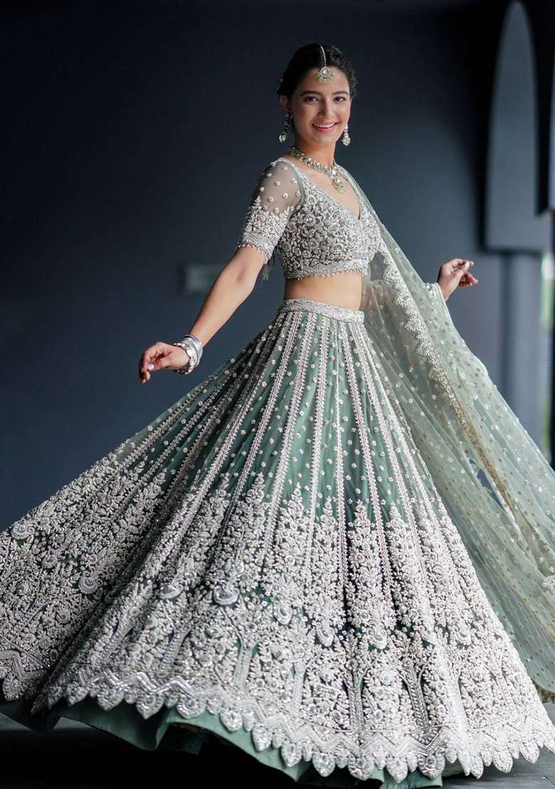 Rama Green Work Net Lehenga Set with Sequin for Diwali | Wedding & Festive Wear - Indya