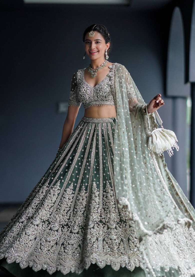 Rama Green Work Net Lehenga Set with Sequin for Diwali | Wedding & Festive Wear - Indya